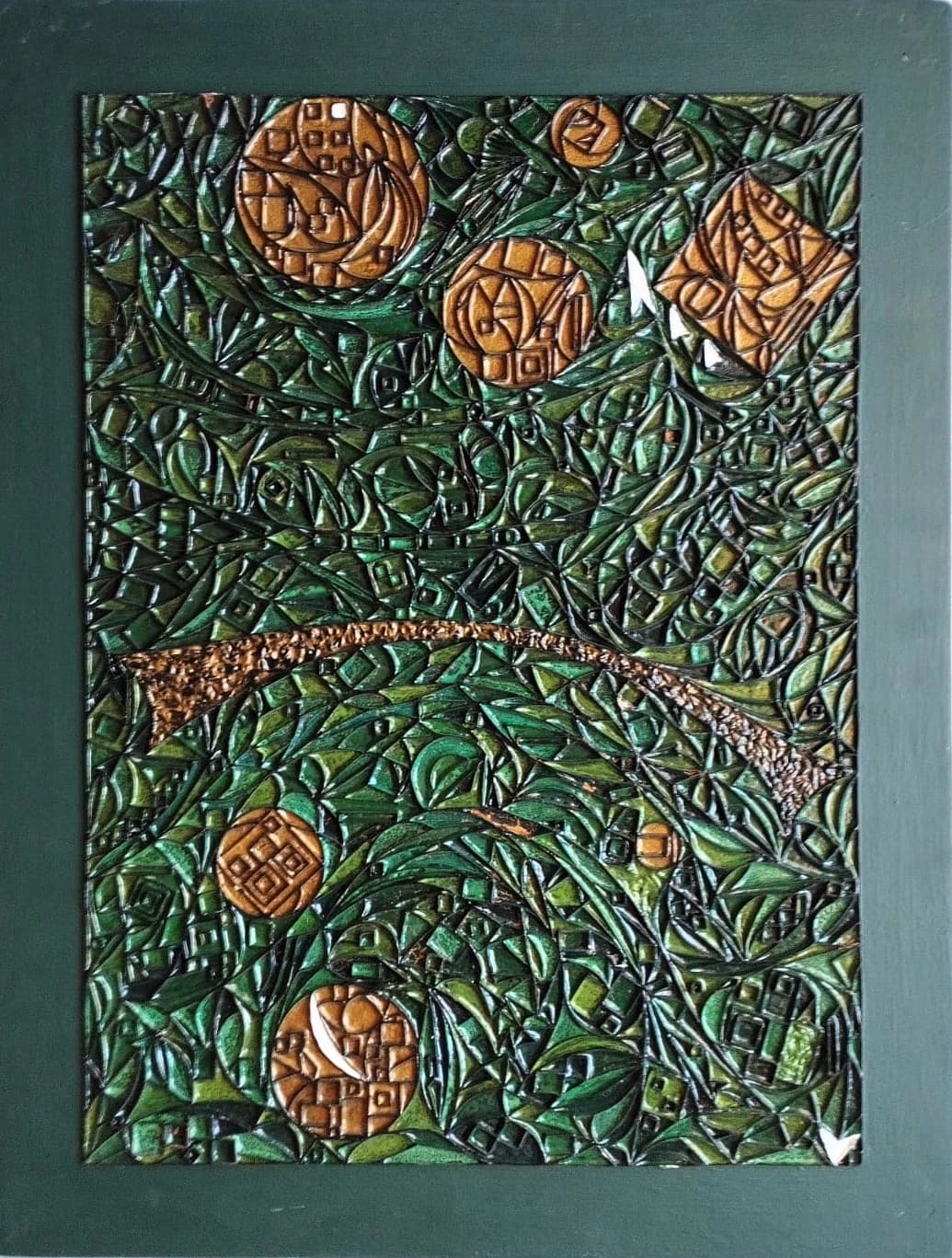 Jungle Cellulaire — Patine et reliefs sur bois 50x75 cm — Pierre Arnould (1986)