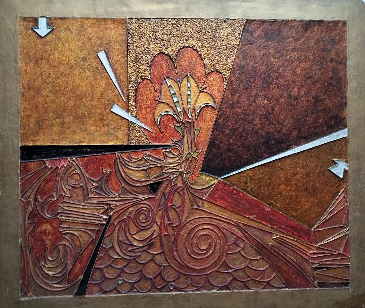 Éruption Flora-Mécanique — Relief pigmenté et métal sur panneau 80x60 cm — Pierre Arnould (1986)