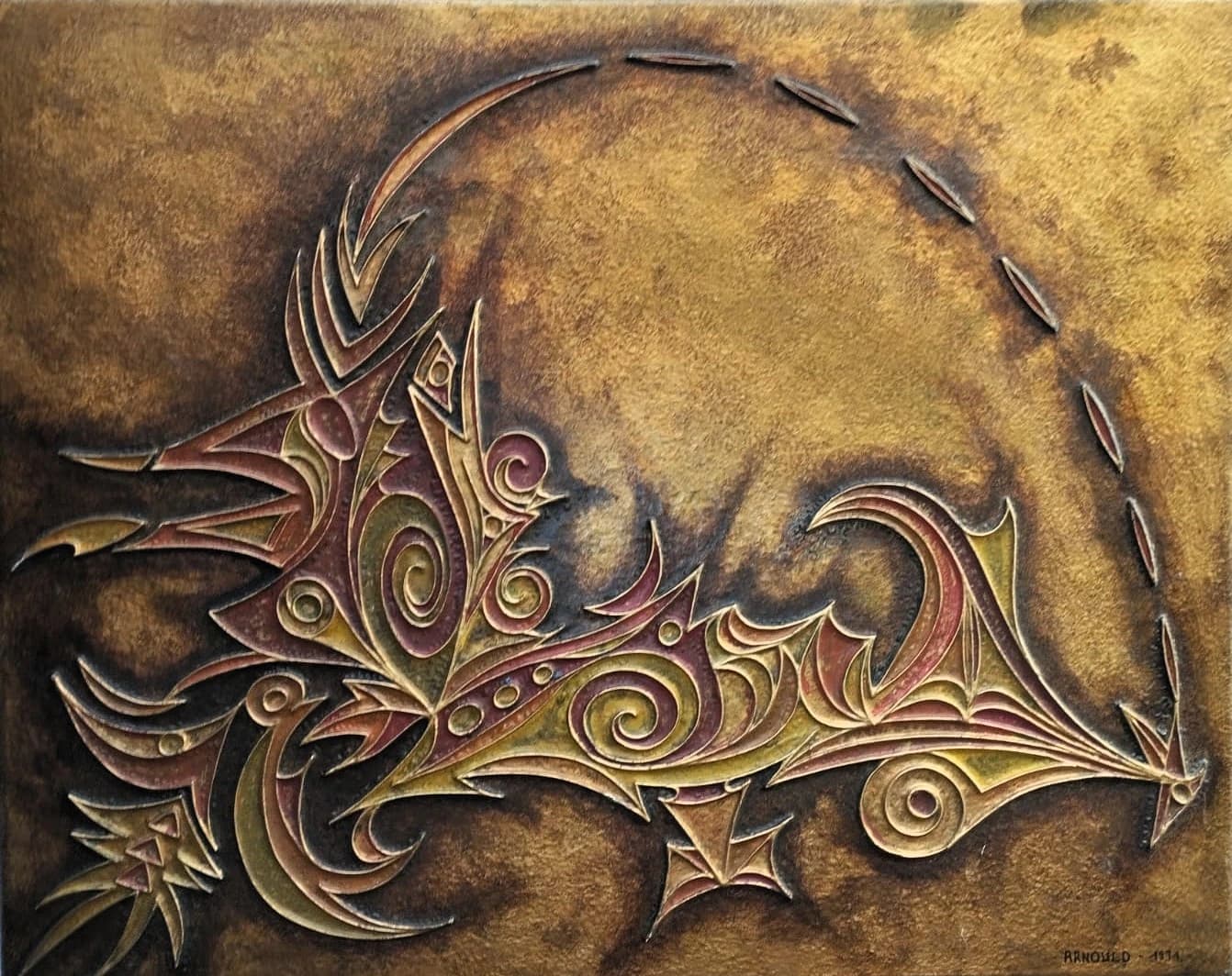 Vol de l'Insecte Mécanique — Relief cloisonné sur panneau 40x65 cm — Pierre Arnould (1986)