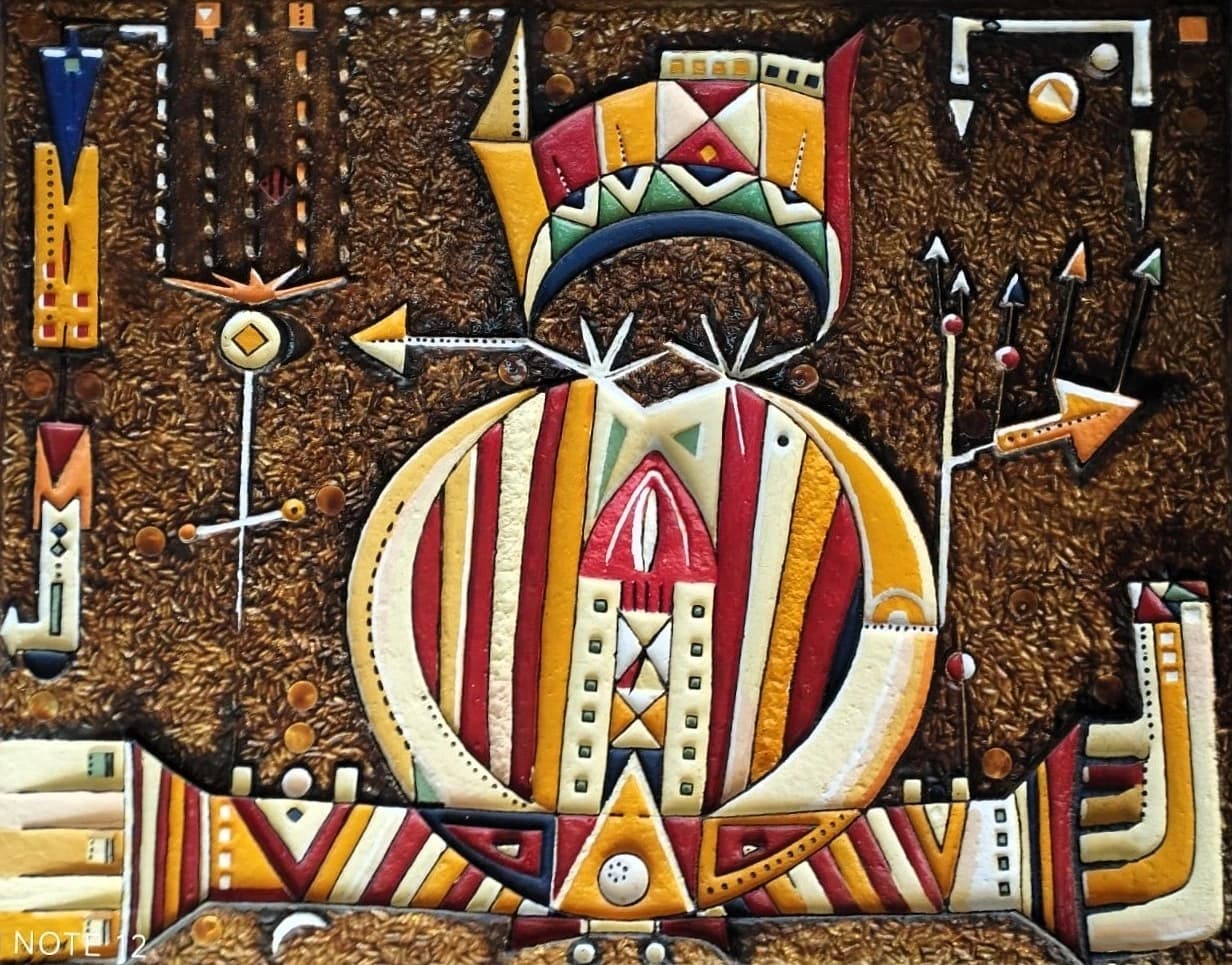 Grande Cérémonie — Reliefs pigmentés sur panneau 40x65 cm — Pierre Arnould (1986)