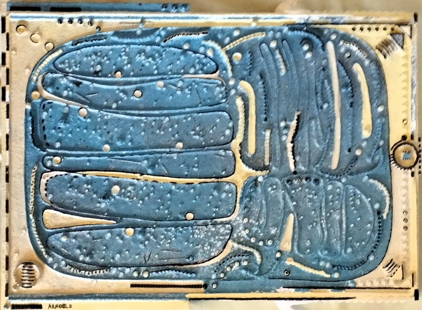 Coupe de Mitochondrie Bleue — Reliefs cloisonnés sur panneau 35x50 cm — Pierre Arnould (1986)