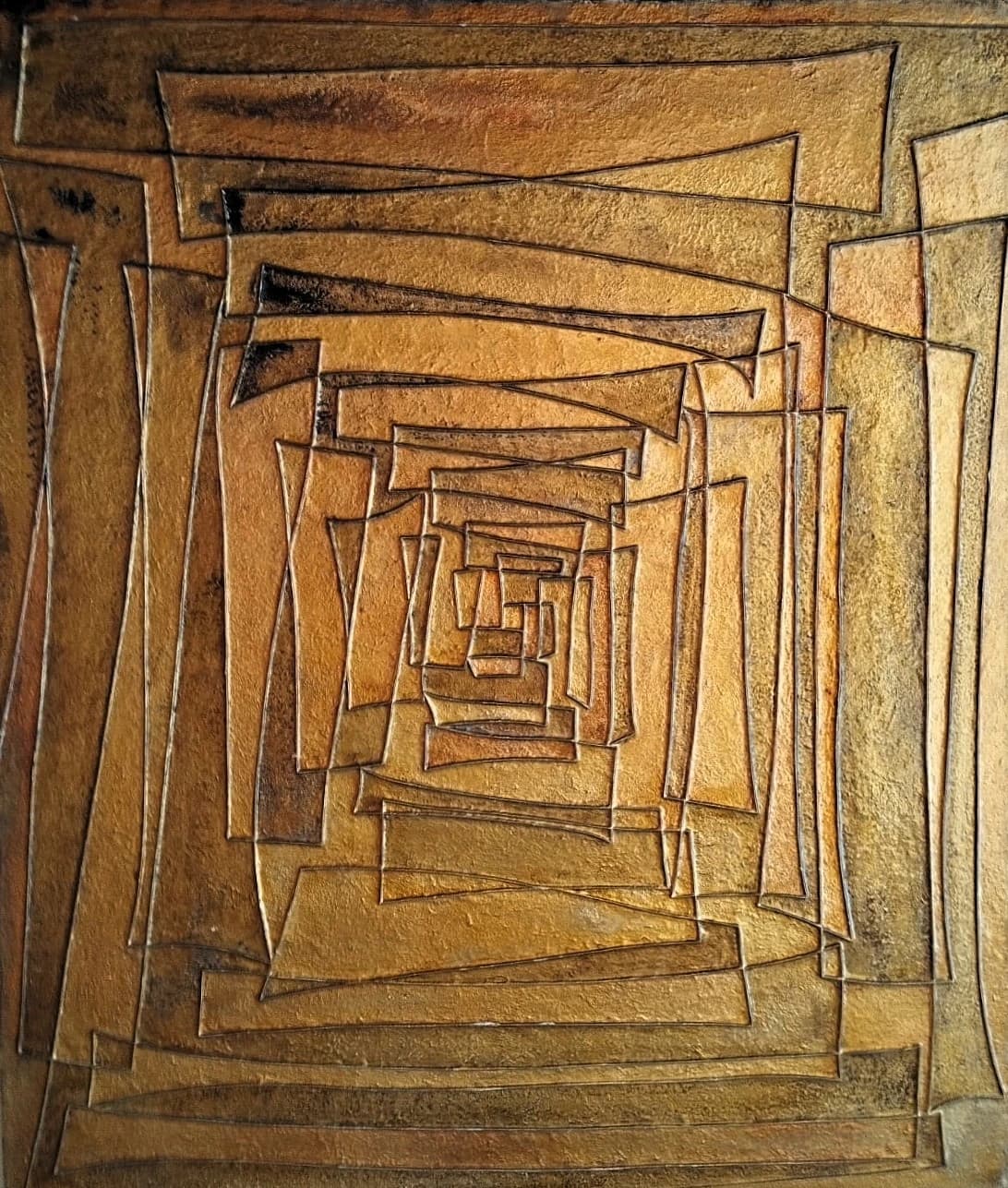 Entrée du Labyrinthe — Relief, résine/enduit, peintures métalliques sur bois 60x80 cm — Pierre Arnould (1982)