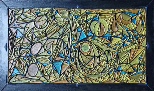 Duel Solaire — Terre texturée, pigments et feuilles de métal 60x100 cm — Pierre Arnould (1986)