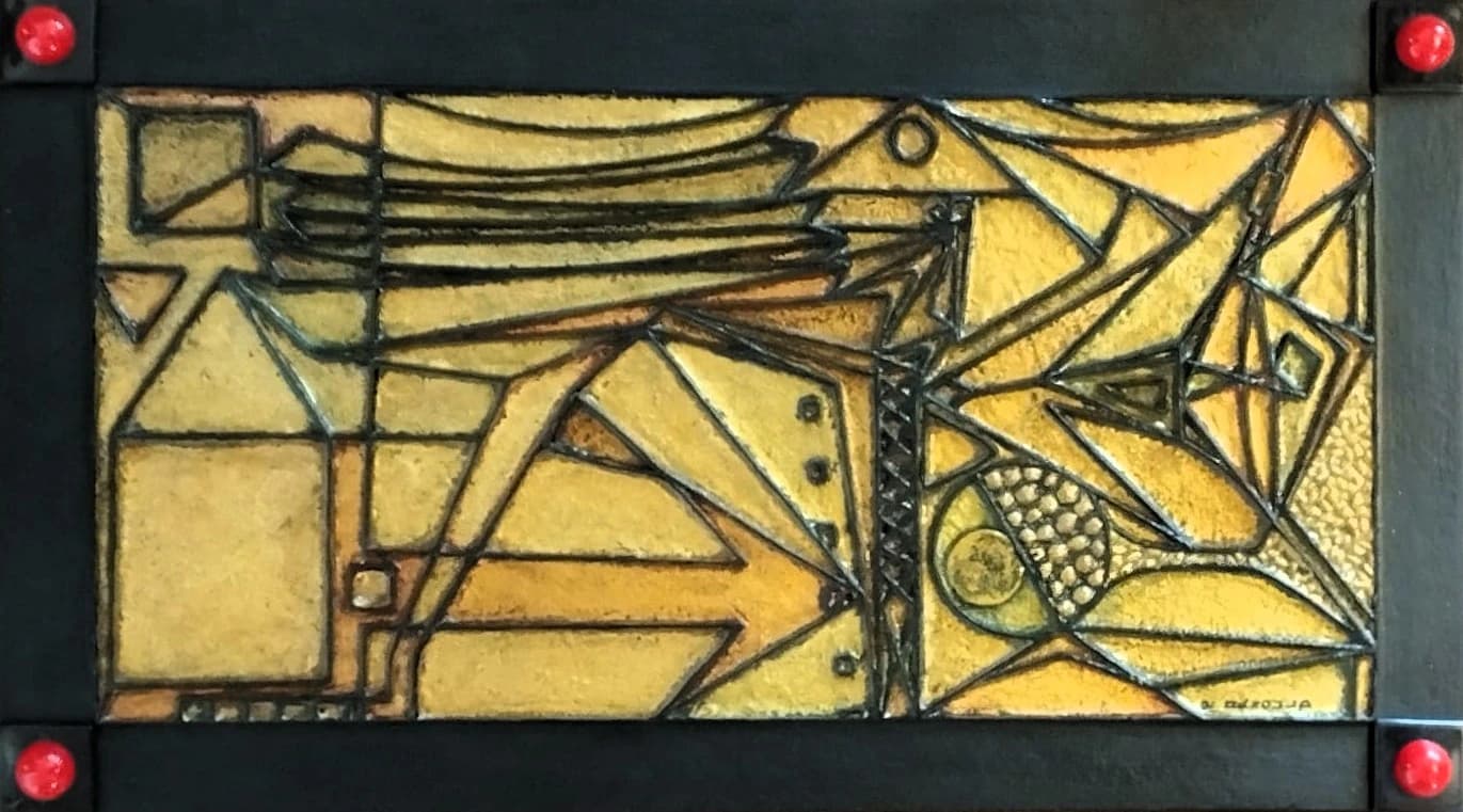 Structure Subatomique Jaune — Reliefs laqués sur panneau 30x55 cm — Pierre Arnould (1986)