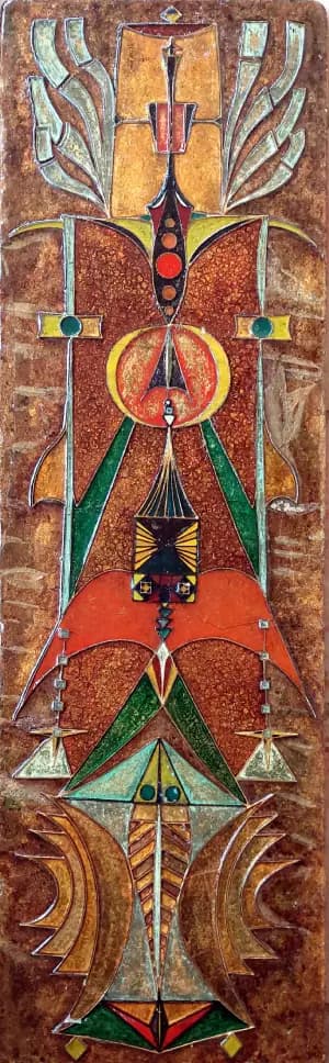 Essence de l'Oiseau-Soleil — Reliefs laqués sur panneau 110x30 cm — Pierre Arnould (1986)