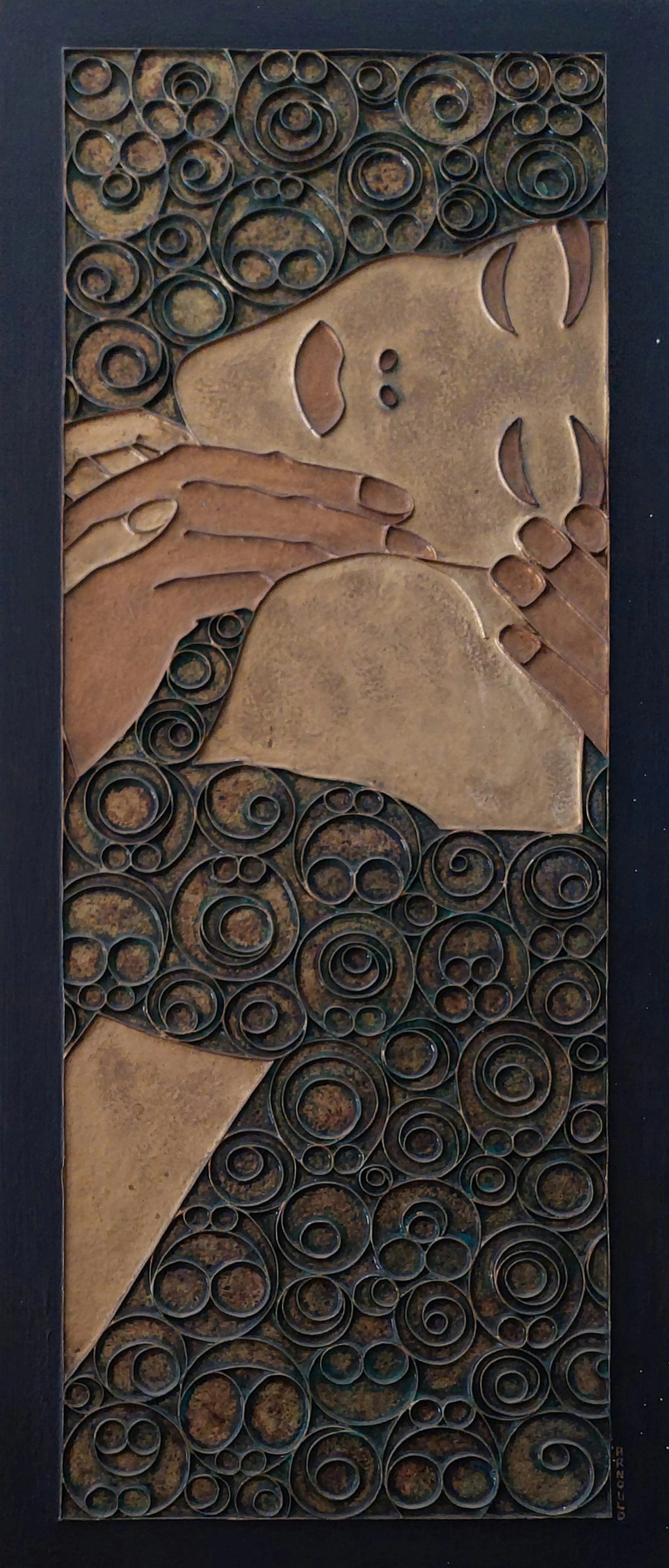 Harmonie des Bulles (d'aprés le baiser de Klimt) — Pigments et patine bronze sur panneau 80x30 cm. — Pierre Arnould (1986)