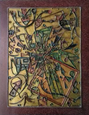 L'Éclatement Central — Technique mixte sur panneau 80x60 cm — Pierre Arnould (1986)