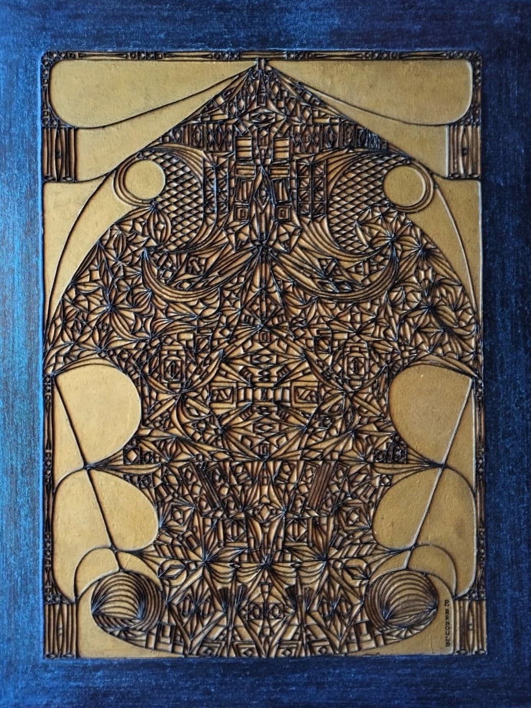 Le Dédale Tribal — Pigments or et bleu nuit sur bois 90x65 cm — Pierre Arnould (1986)