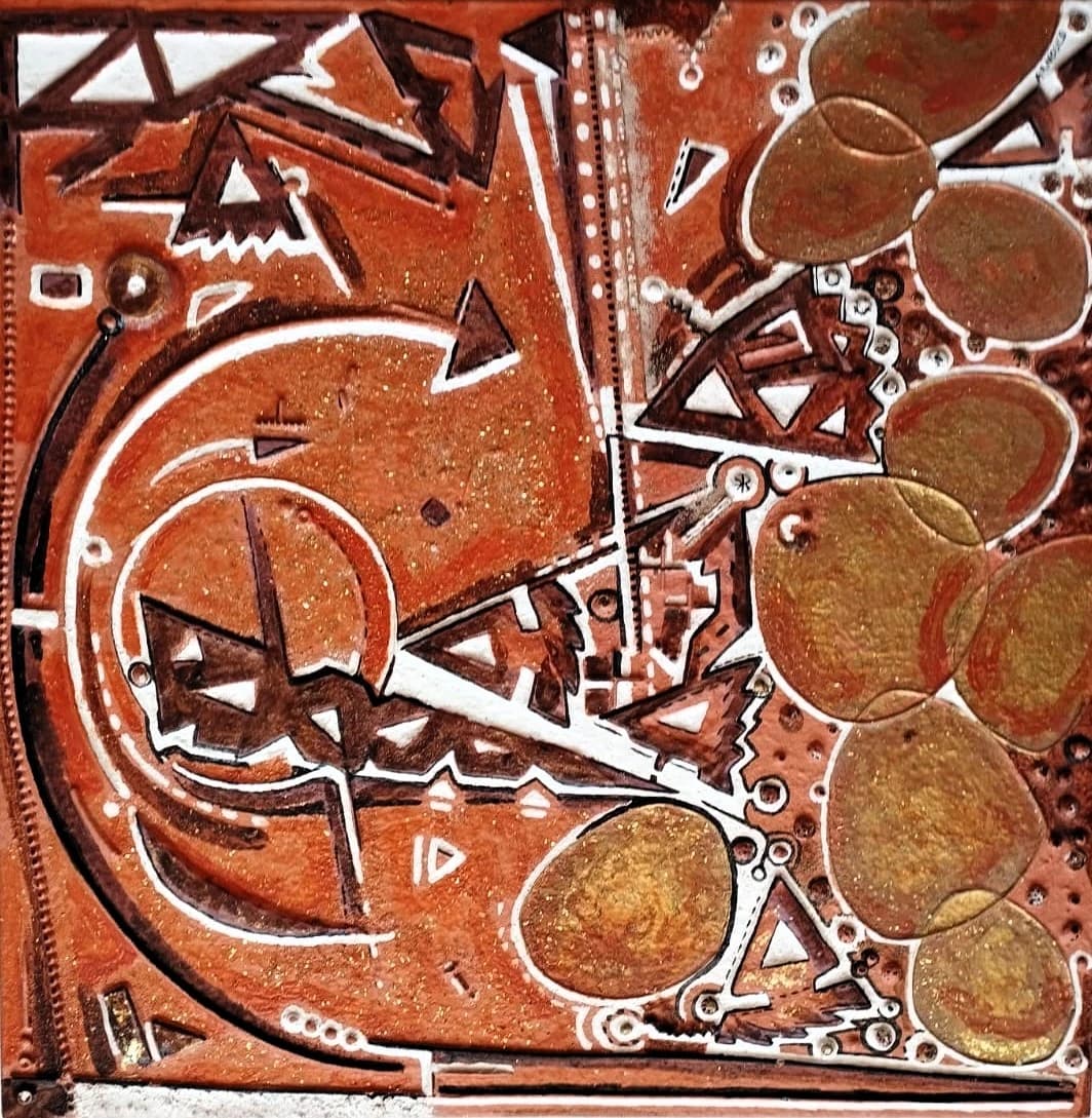 Machine de Rêve Ocre — Pigments et feuilles de métal sur bois 45x45 cm — Pierre Arnould (1986)