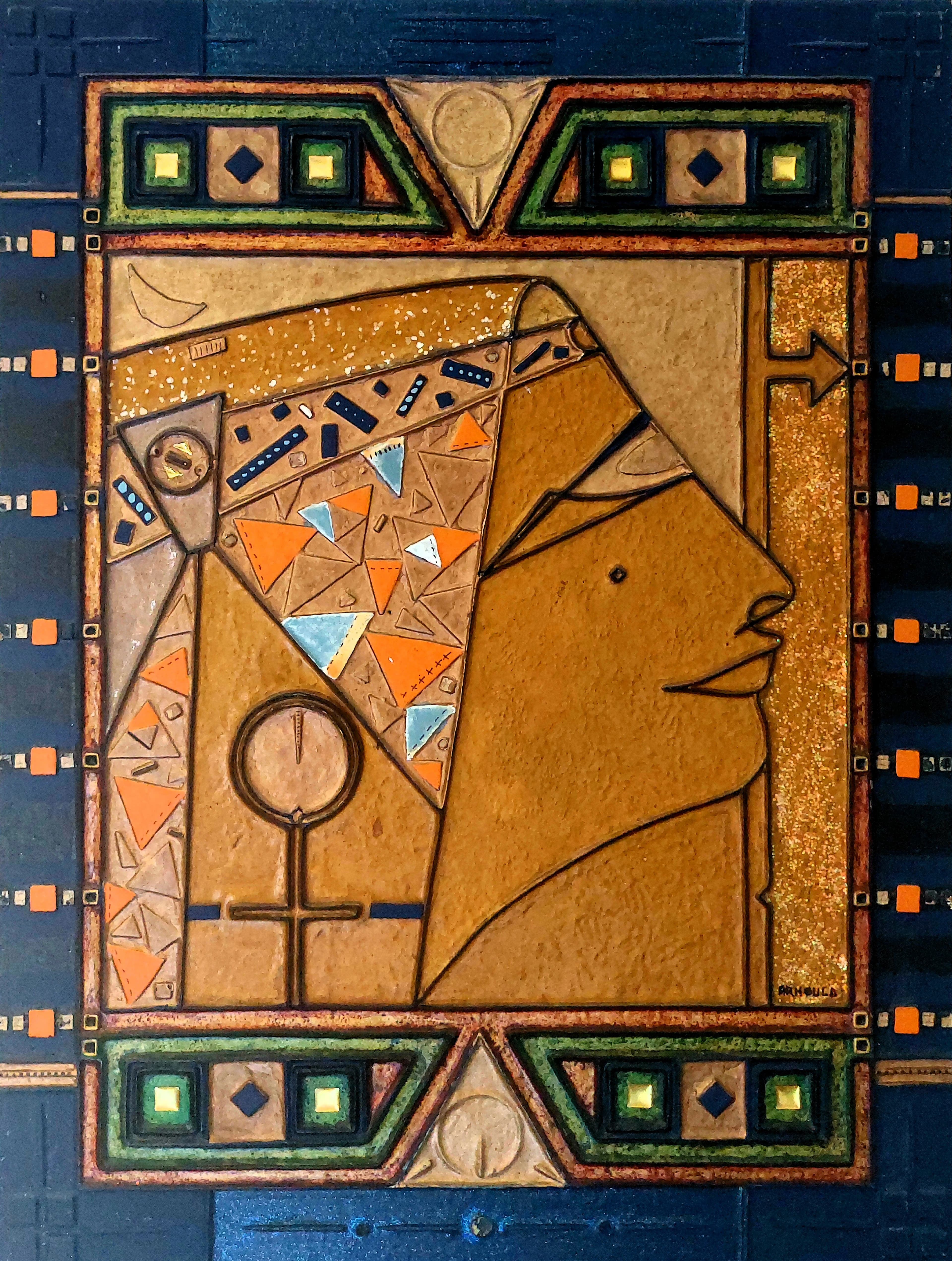 Profil du Guerrier Féminin — Relief cloisonné sur panneau 41x54 cm — Pierre Arnould (1986)