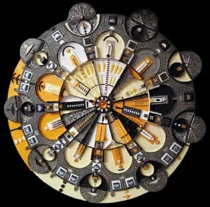 Mandala Jaune Décalé — technique mixte Ø 65 cm — Pierre Arnould (1994)