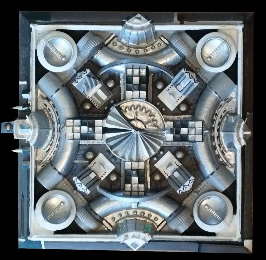 Dans l'armurerie — technique mixte 35x35 cm — Pierre Arnould (2001)